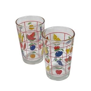 Vtg 2 LIBBY 1960 Jelly Glass Tumblers juice glasses red framed fruit collectible